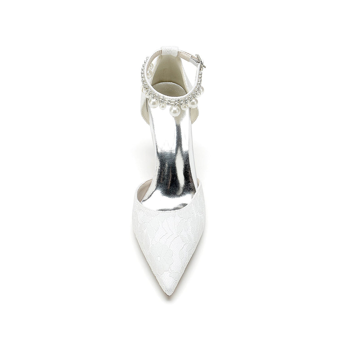 Chaussures de Mariage pour Femmes en Dentelle Perlée à Bout Pointu et Talon Aiguille avec Boucle