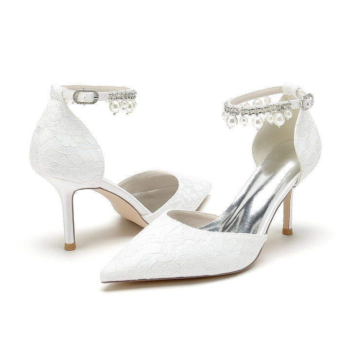 Chaussures de Mariage pour Femmes en Dentelle Perlée à Bout Pointu et Talon Aiguille avec Boucle