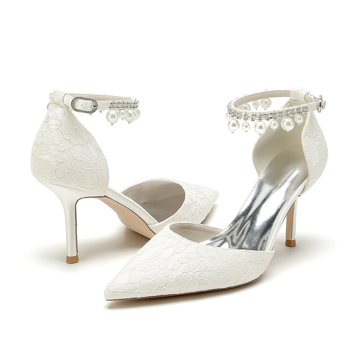 Chaussures de Mariage pour Femmes en Dentelle Perlée à Bout Pointu et Talon Aiguille avec Boucle