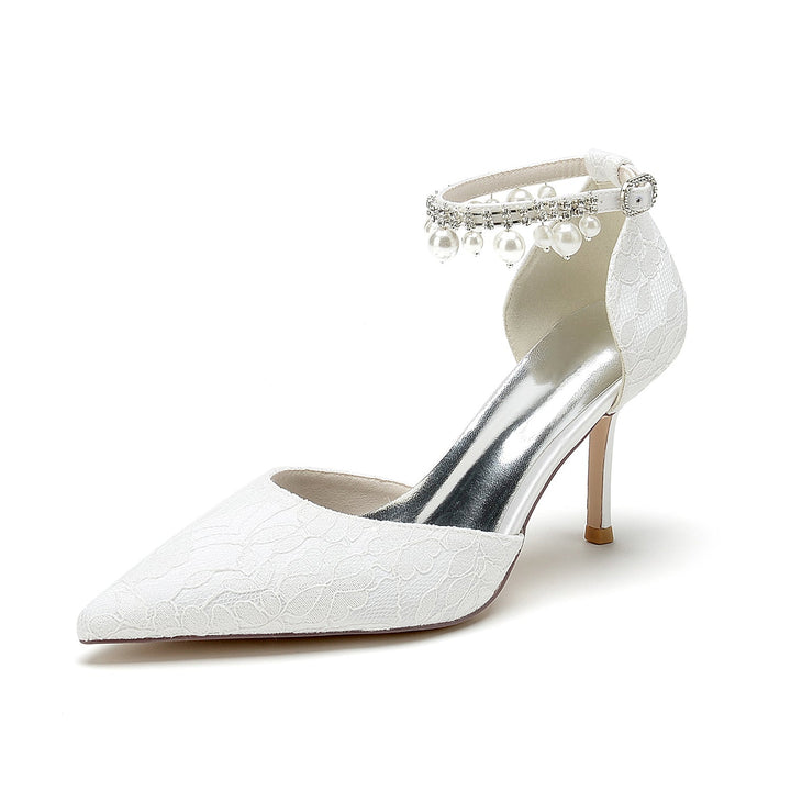 Chaussures de Mariage pour Femmes en Dentelle Perlée à Bout Pointu et Talon Aiguille avec Boucle