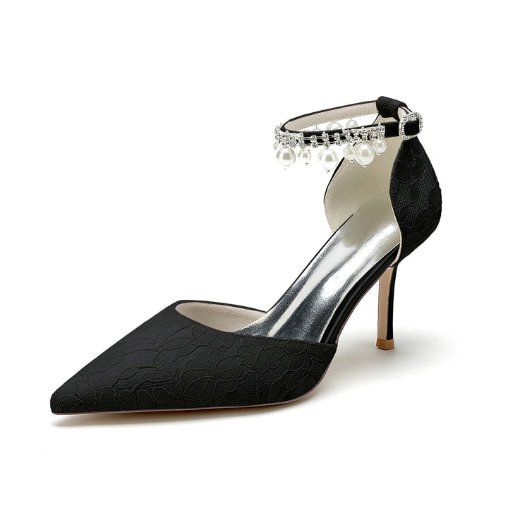 Chaussures de Mariage pour Femmes en Dentelle Perlée à Bout Pointu et Talon Aiguille avec Boucle