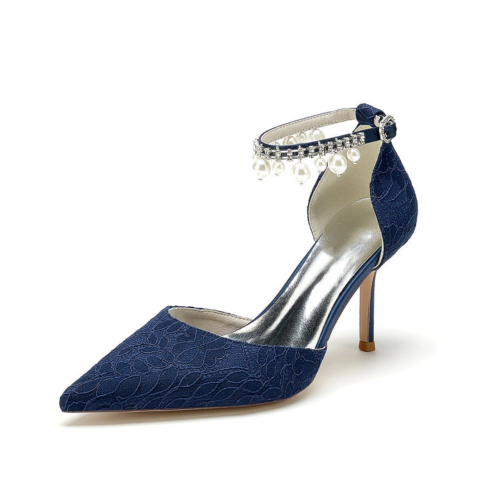 Chaussures de Mariage pour Femmes en Dentelle Perlée à Bout Pointu et Talon Aiguille avec Boucle