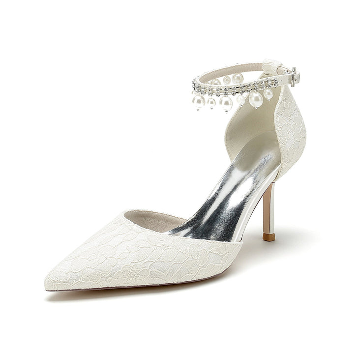 Chaussures de Mariage pour Femmes en Dentelle Perlée à Bout Pointu et Talon Aiguille avec Boucle