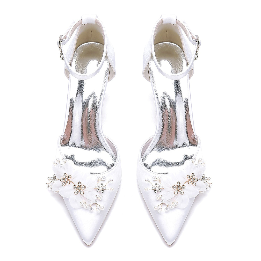 Chaussures de Mariée à Talons Hauts et Bout Pointu pour Femmes avec Fleurs de Mariage