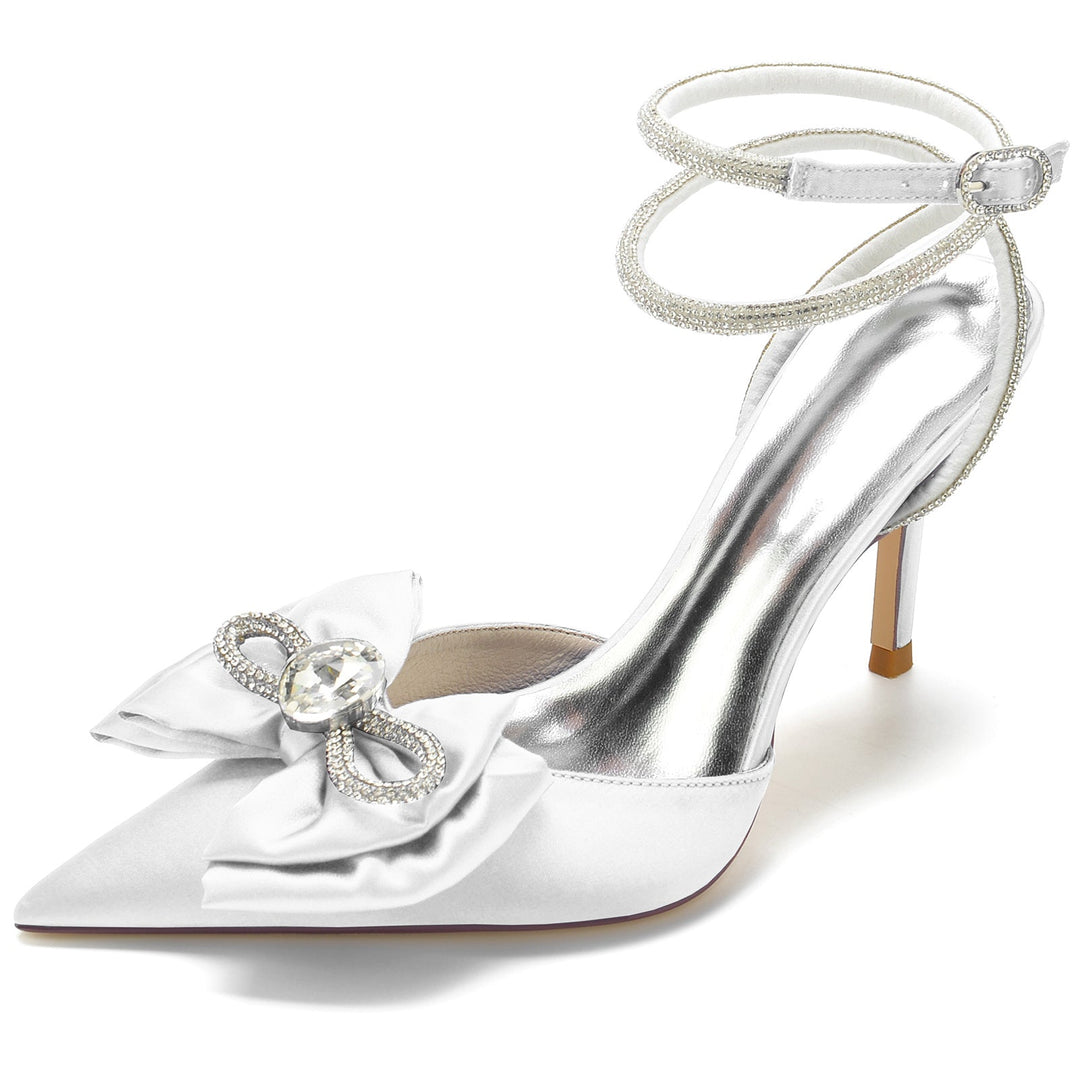 Chaussures de Mariage pour Femmes Mini Strass Nœud Stiletto Bout Pointu Boucle Chaussures de Mariée