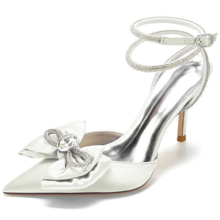 Chaussures de Mariage pour Femmes Mini Strass Nœud Stiletto Bout Pointu Boucle Chaussures de Mariée