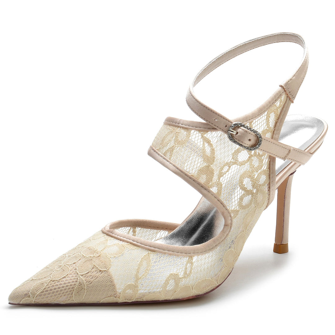 Chaussures de Mariage pour Femmes en Satin de Soie, Dentelle, Maille, Bout Pointu, Boucle, Chaussures de Mariée