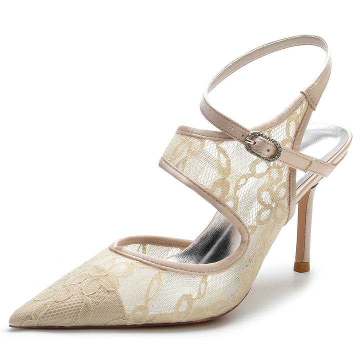 Chaussures de Mariage pour Femmes en Satin de Soie, Dentelle, Maille, Bout Pointu, Boucle, Chaussures de Mariée