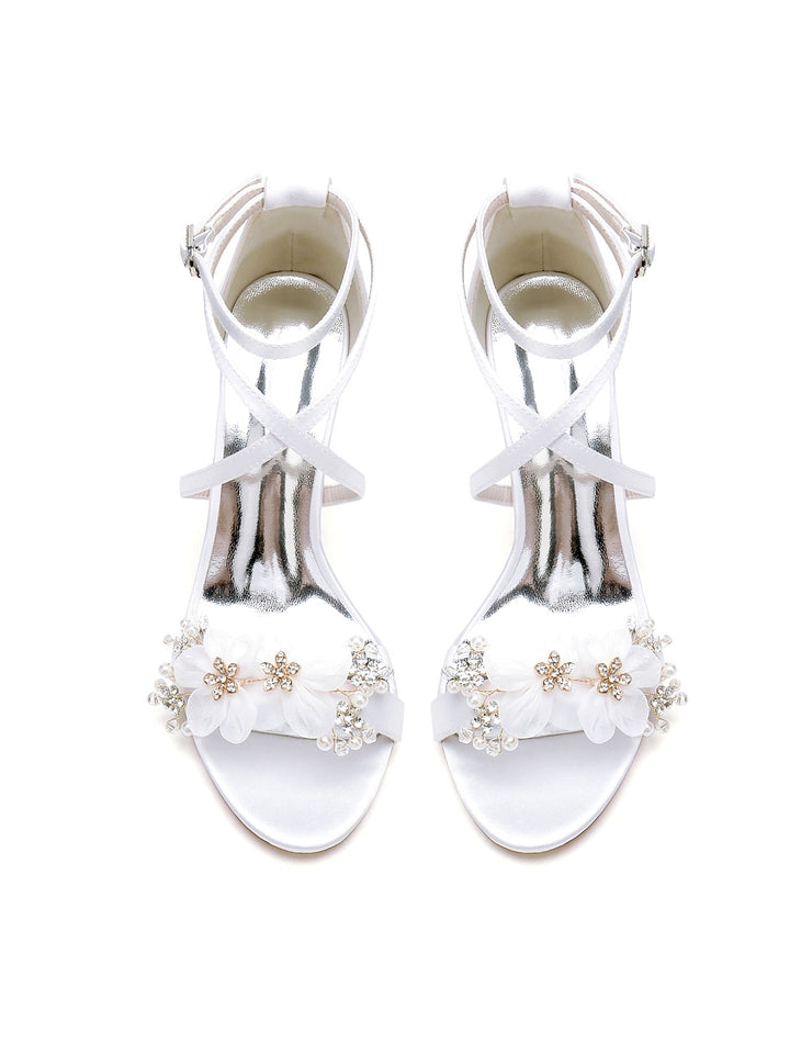 Chaussures de Mariage pour Femmes, Chaussures de Mariée à Talons Hauts et Bout Ouvert avec Strass