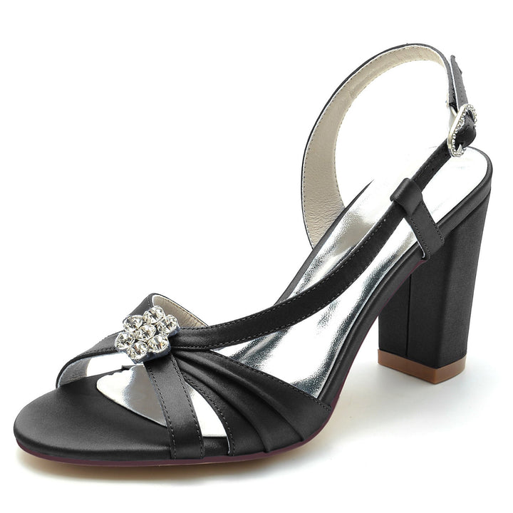 Chaussures de Mariage pour Femmes avec Fleur en Cristal et Bout Ouvert, Talon Épais et Boucle, Chaussures de Mariée