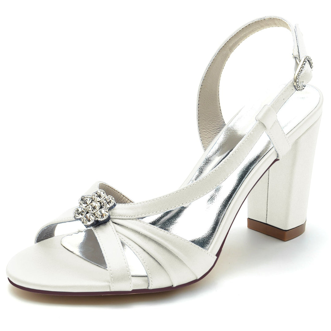 Chaussures de Mariage pour Femmes avec Fleur en Cristal et Bout Ouvert, Talon Épais et Boucle, Chaussures de Mariée