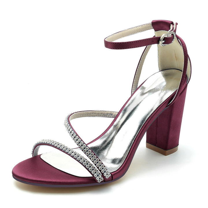 Chaussures de Mariage pour Femmes en Satin de Soie Strass Talon Bloc Peep Toe Boucle Chaussures de Mariée