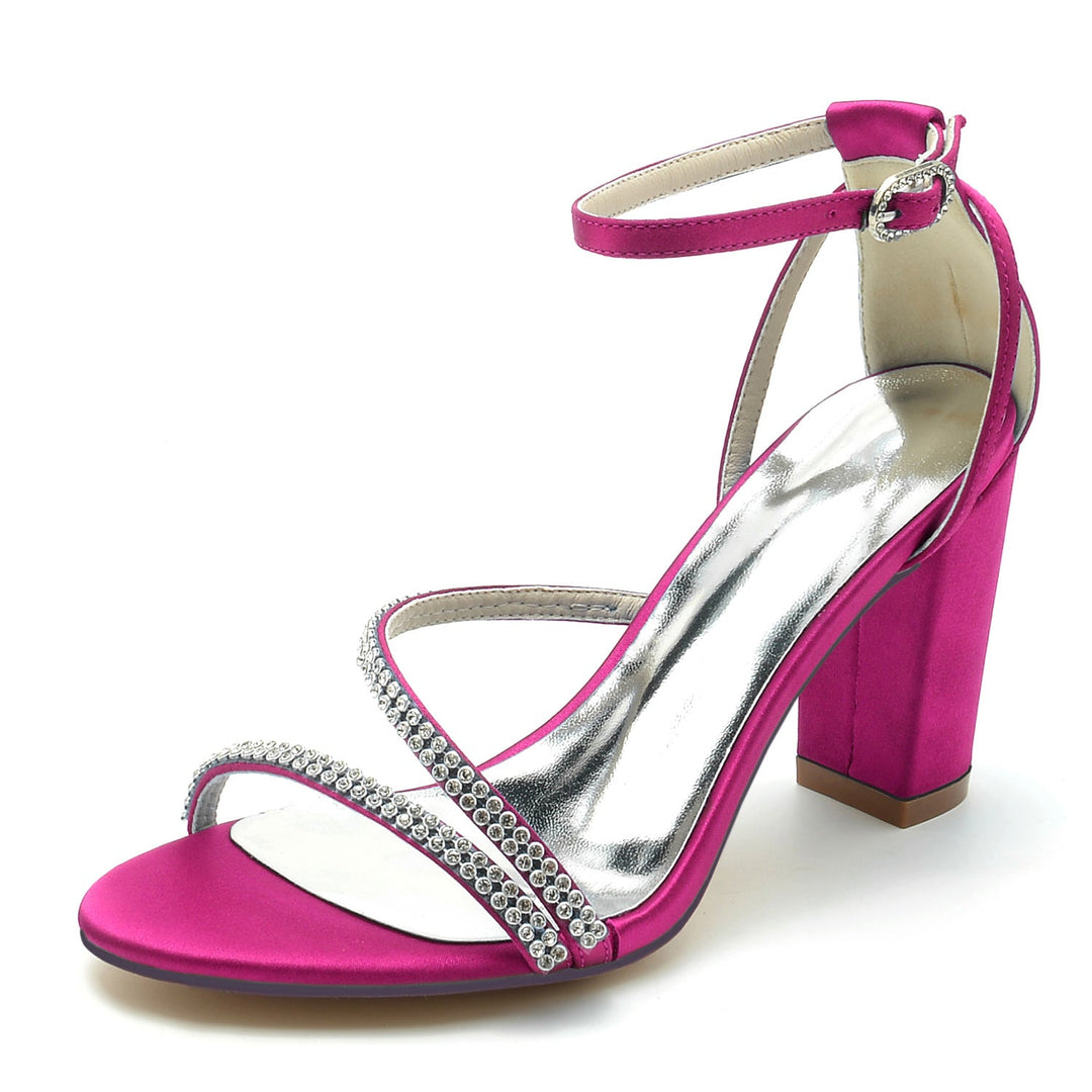 Chaussures de Mariage pour Femmes en Satin de Soie Strass Talon Bloc Peep Toe Boucle Chaussures de Mariée