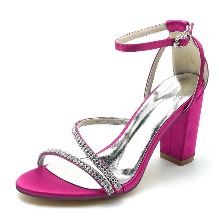 Chaussures de Mariage pour Femmes en Satin de Soie Strass Talon Bloc Peep Toe Boucle Chaussures de Mariée