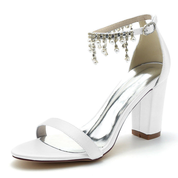 Chaussures de Mariage pour Femmes à Bout Ouvert et Talon Épais avec Bride à la Cheville et Strass
