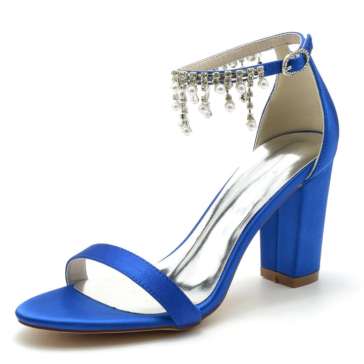 Chaussures de Mariage pour Femmes à Bout Ouvert et Talon Épais avec Bride à la Cheville et Strass