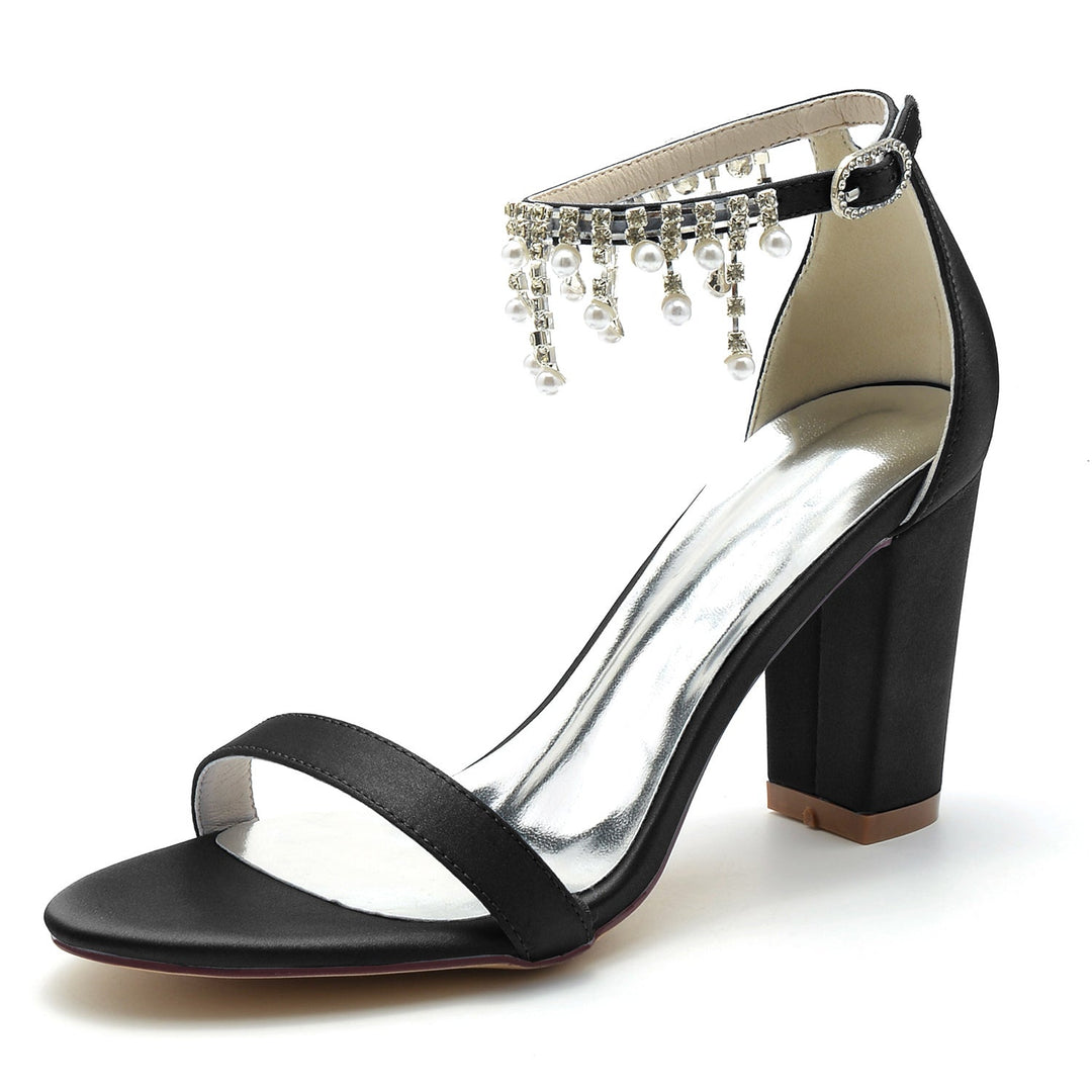 Chaussures de Mariage pour Femmes à Bout Ouvert et Talon Épais avec Bride à la Cheville et Strass
