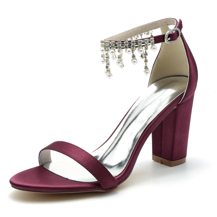 Chaussures de Mariage pour Femmes à Bout Ouvert et Talon Épais avec Bride à la Cheville et Strass