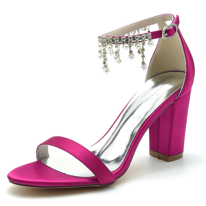Chaussures de Mariage pour Femmes à Bout Ouvert et Talon Épais avec Bride à la Cheville et Strass