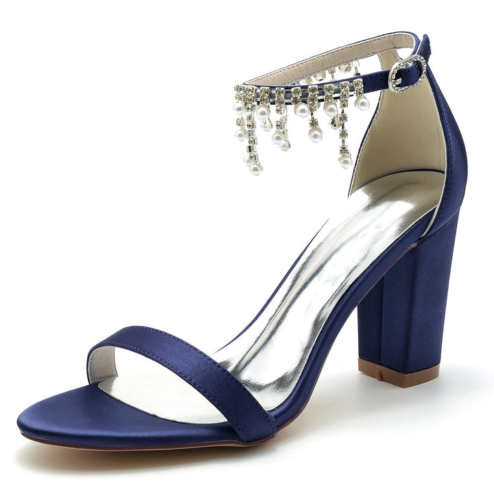 Chaussures de Mariage pour Femmes à Bout Ouvert et Talon Épais avec Bride à la Cheville et Strass