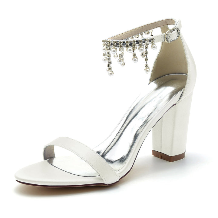Chaussures de Mariage pour Femmes à Bout Ouvert et Talon Épais avec Bride à la Cheville et Strass