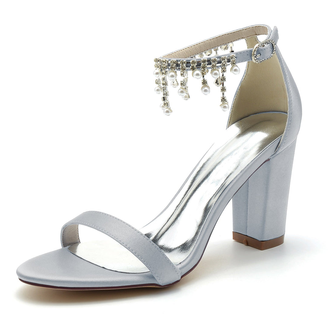 Chaussures de Mariage pour Femmes à Bout Ouvert et Talon Épais avec Bride à la Cheville et Strass