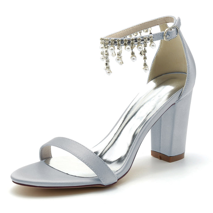 Chaussures de Mariage pour Femmes à Bout Ouvert et Talon Épais avec Bride à la Cheville et Strass