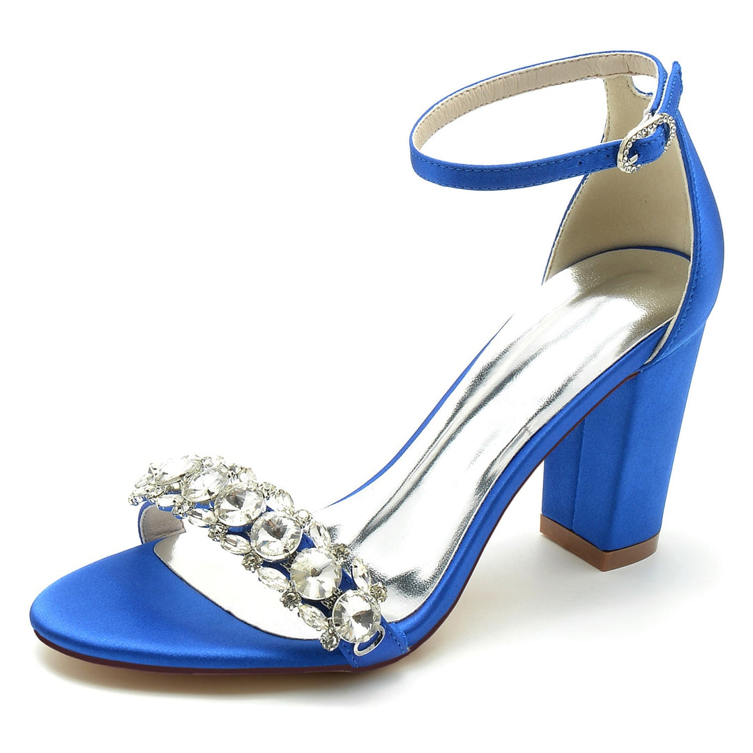 Chaussures de Mariage pour Femmes en Satin de Soie avec Strass et Bout Ouvert et Bride à la Cheville Épaisse