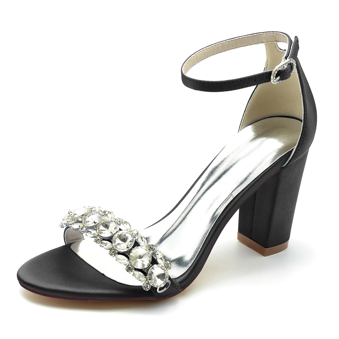 Chaussures de Mariage pour Femmes en Satin de Soie avec Strass et Bout Ouvert et Bride à la Cheville Épaisse
