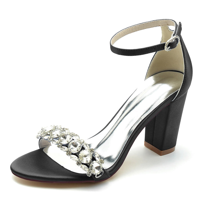 Chaussures de Mariage pour Femmes en Satin de Soie avec Strass et Bout Ouvert et Bride à la Cheville Épaisse