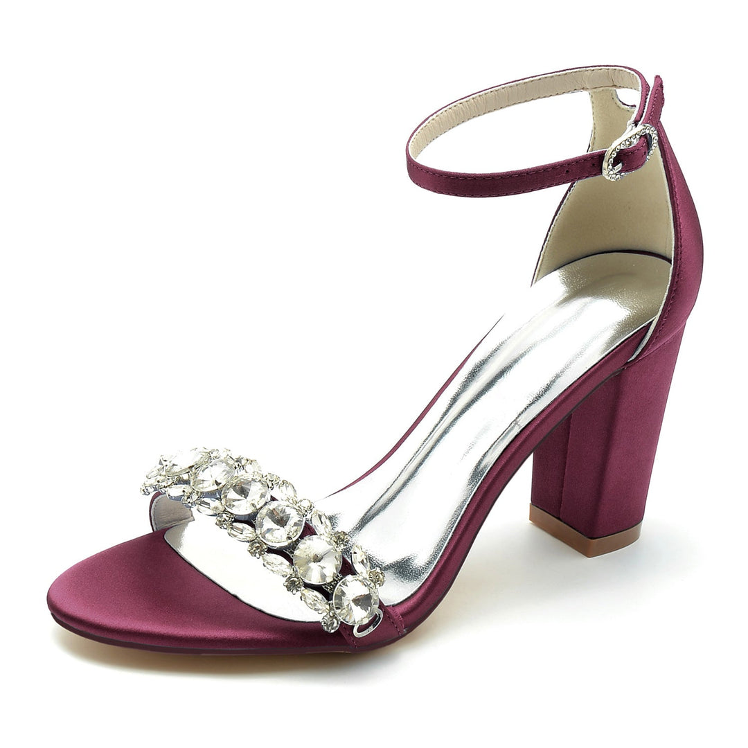 Chaussures de Mariage pour Femmes en Satin de Soie avec Strass et Bout Ouvert et Bride à la Cheville Épaisse