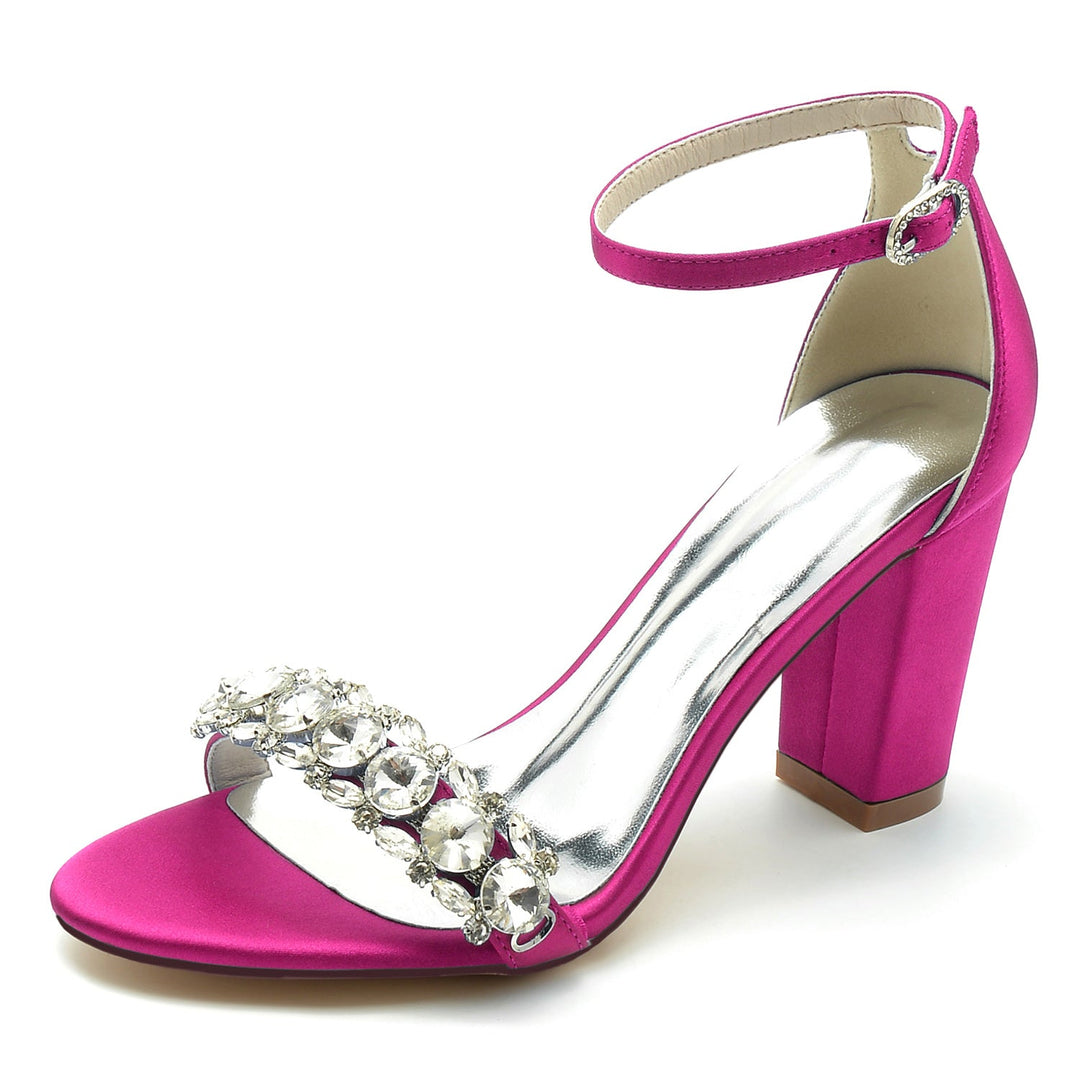 Chaussures de Mariage pour Femmes en Satin de Soie avec Strass et Bout Ouvert et Bride à la Cheville Épaisse