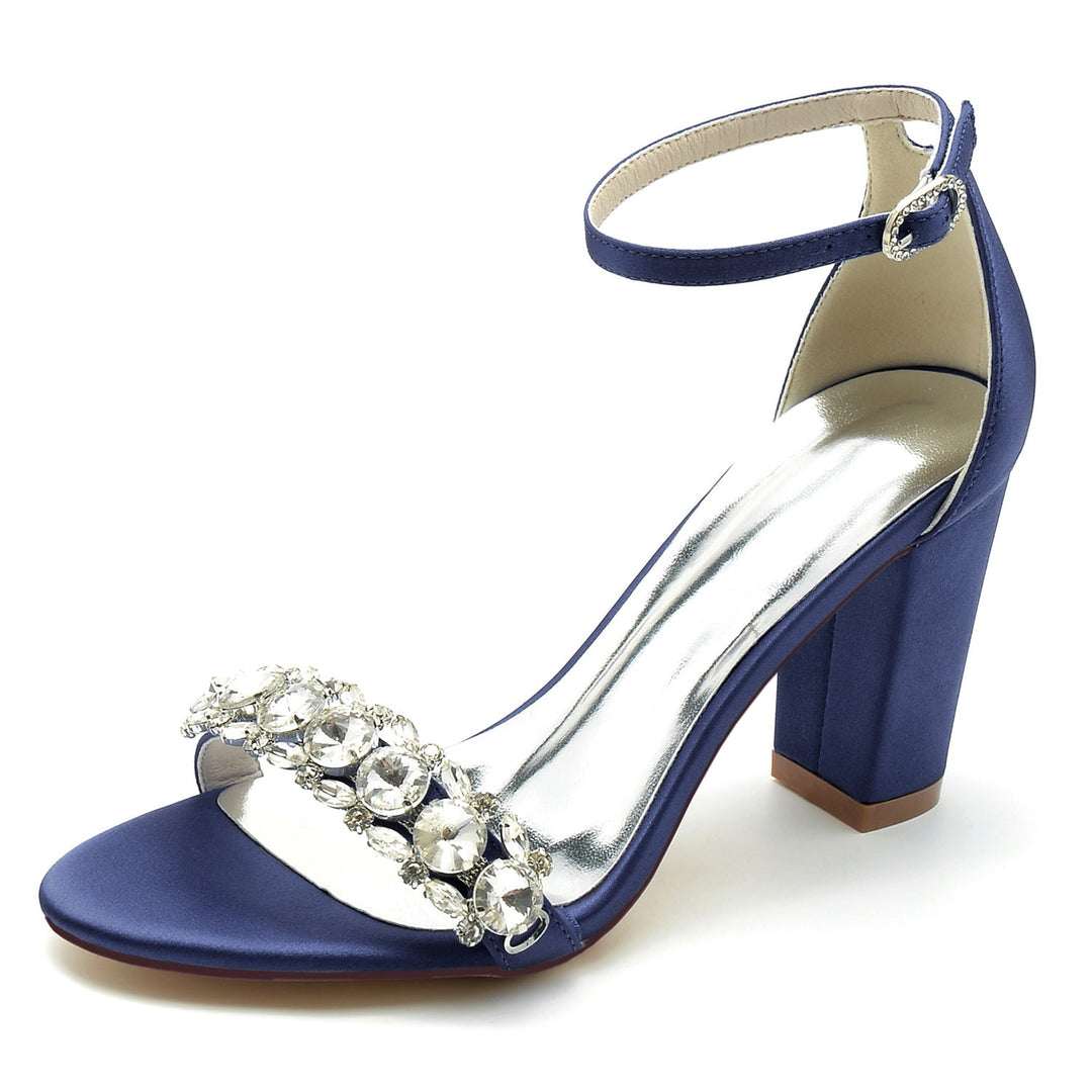 Chaussures de Mariage pour Femmes en Satin de Soie avec Strass et Bout Ouvert et Bride à la Cheville Épaisse
