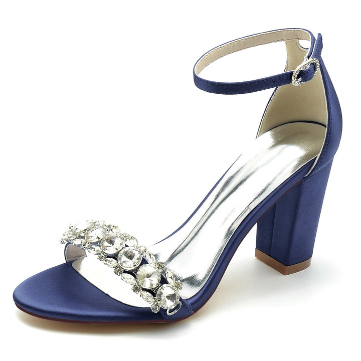 Chaussures de Mariage pour Femmes en Satin de Soie avec Strass et Bout Ouvert et Bride à la Cheville Épaisse