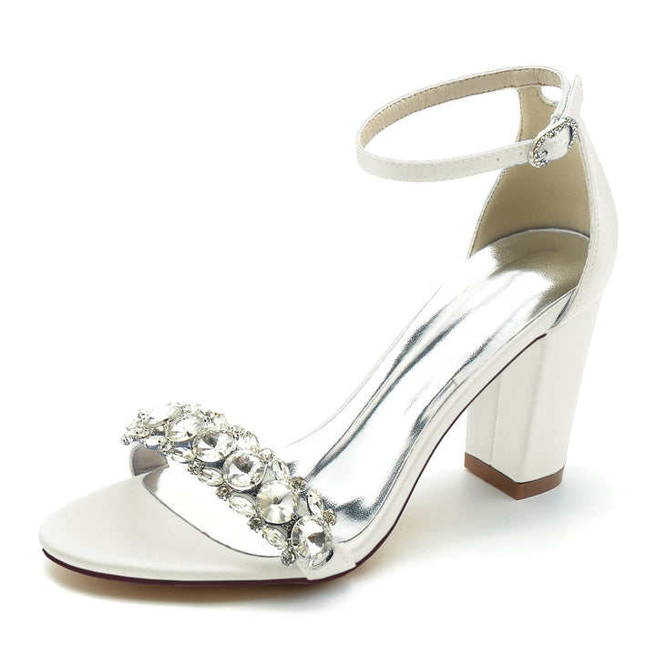 Chaussures de Mariage pour Femmes en Satin de Soie avec Strass et Bout Ouvert et Bride à la Cheville Épaisse