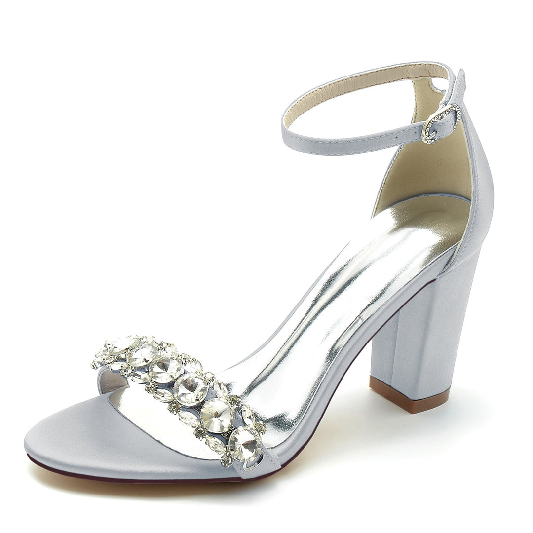 Chaussures de Mariage pour Femmes en Satin de Soie avec Strass et Bout Ouvert et Bride à la Cheville Épaisse