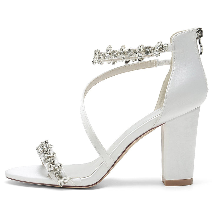 Chaussures de Mariage pour Femmes Noires à Bout Ouvert et Talon Épais avec Boucle en Strass