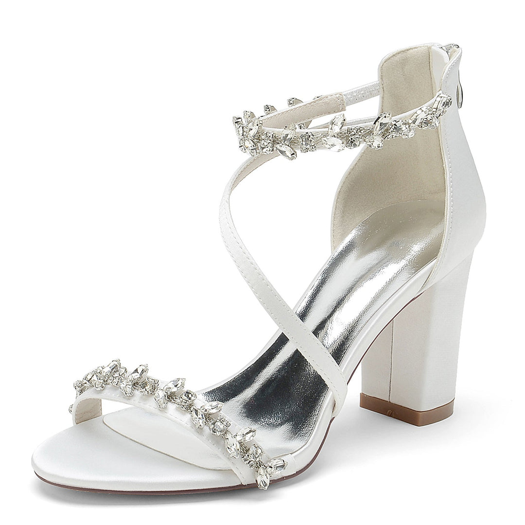 Chaussures de Mariage pour Femmes Noires à Bout Ouvert et Talon Épais avec Boucle en Strass