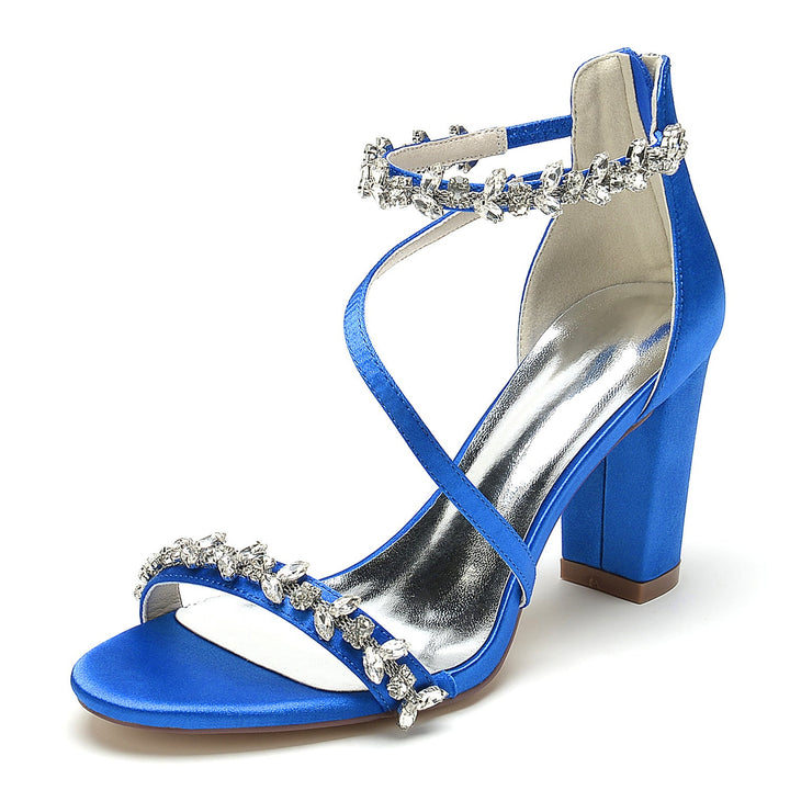 Chaussures de Mariage pour Femmes Noires à Bout Ouvert et Talon Épais avec Boucle en Strass
