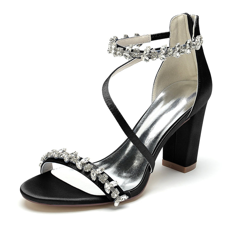 Chaussures de Mariage pour Femmes Noires à Bout Ouvert et Talon Épais avec Boucle en Strass