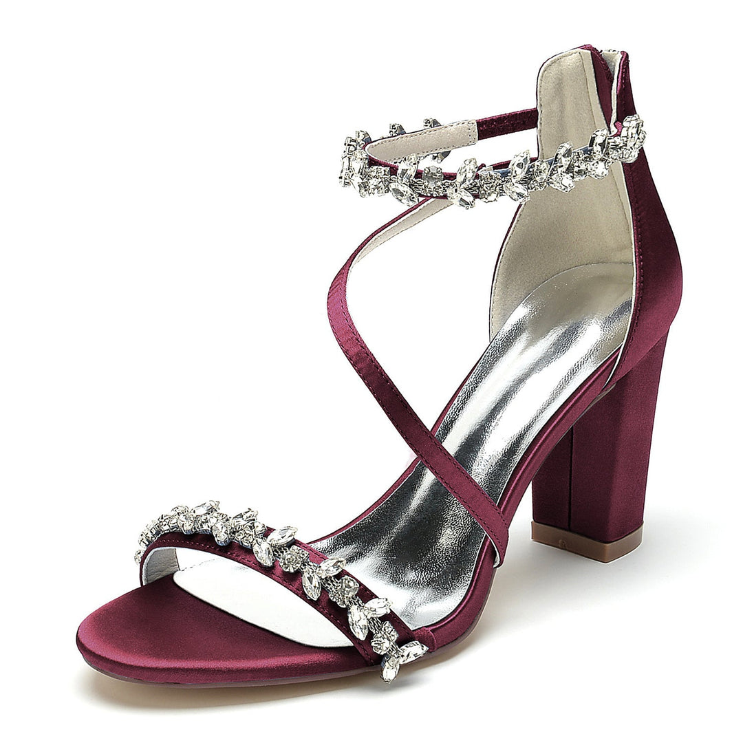 Chaussures de Mariage pour Femmes Noires à Bout Ouvert et Talon Épais avec Boucle en Strass