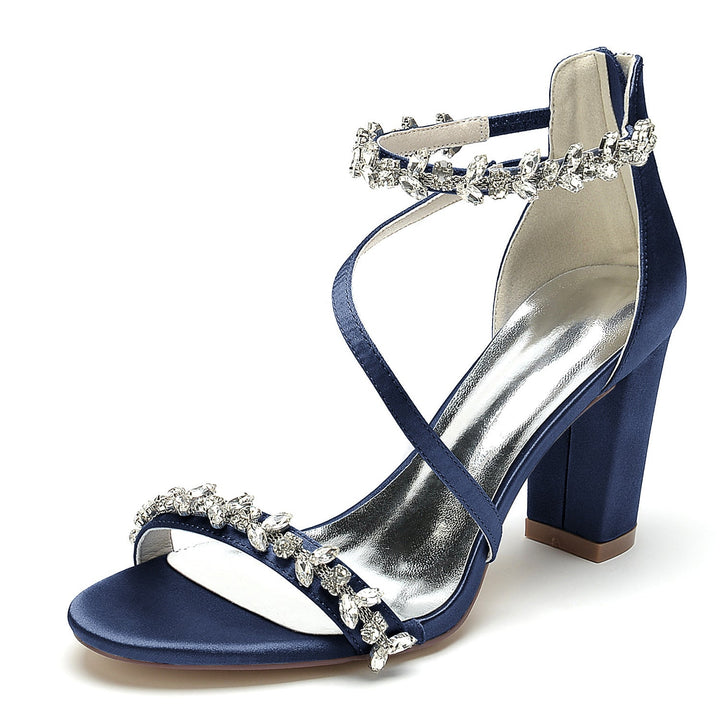 Chaussures de Mariage pour Femmes Noires à Bout Ouvert et Talon Épais avec Boucle en Strass