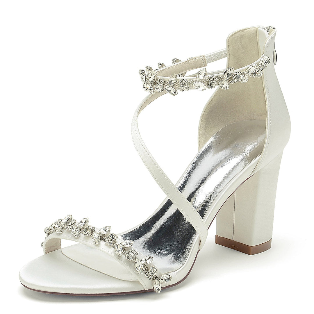 Chaussures de Mariage pour Femmes Noires à Bout Ouvert et Talon Épais avec Boucle en Strass