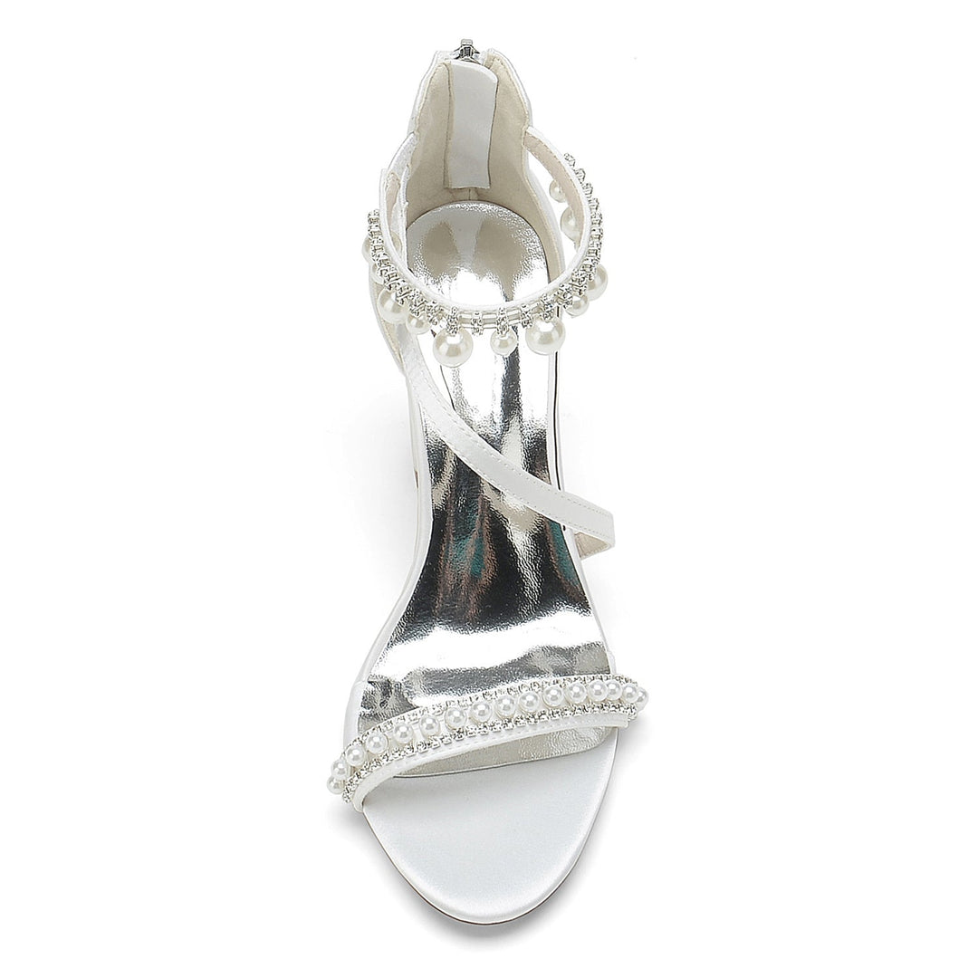 Chaussures de Mariage pour Femmes à Bout Ouvert, Talon Épais, Strass, Boucle en Perles, Chaussures de Mariée