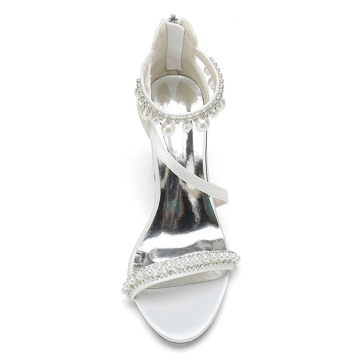 Chaussures de Mariage pour Femmes à Bout Ouvert, Talon Épais, Strass, Boucle en Perles, Chaussures de Mariée
