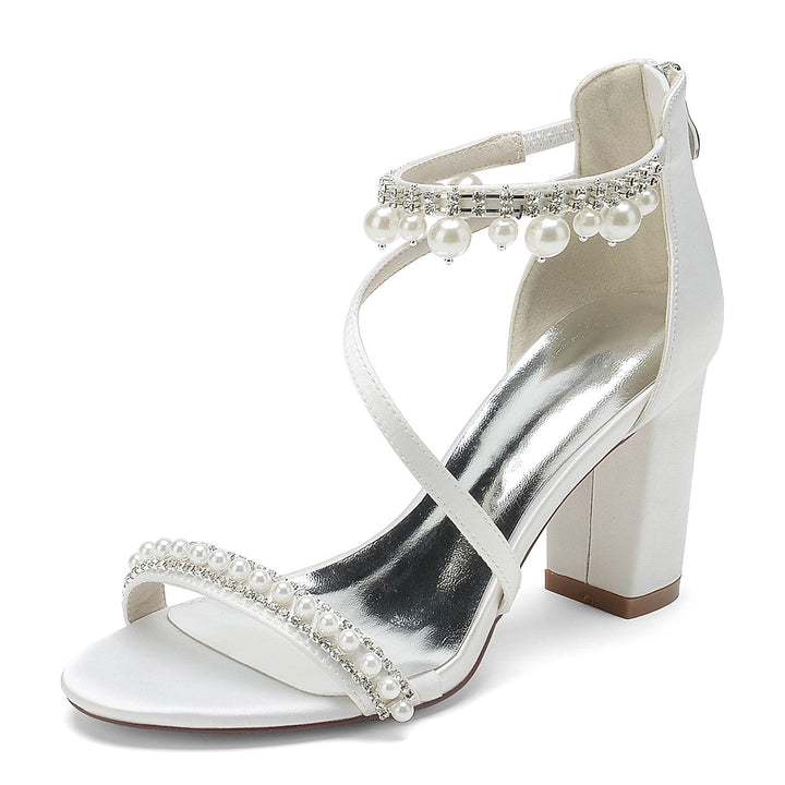 Chaussures de Mariage pour Femmes à Bout Ouvert, Talon Épais, Strass, Boucle en Perles, Chaussures de Mariée