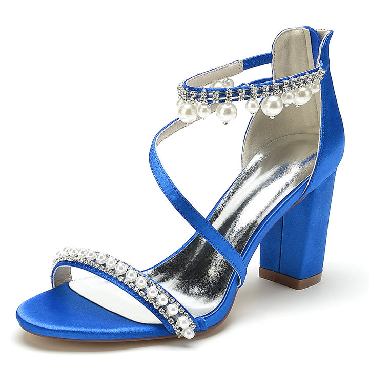 Chaussures de Mariage pour Femmes à Bout Ouvert, Talon Épais, Strass, Boucle en Perles, Chaussures de Mariée