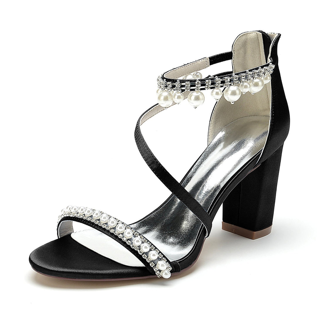 Chaussures de Mariage pour Femmes à Bout Ouvert, Talon Épais, Strass, Boucle en Perles, Chaussures de Mariée