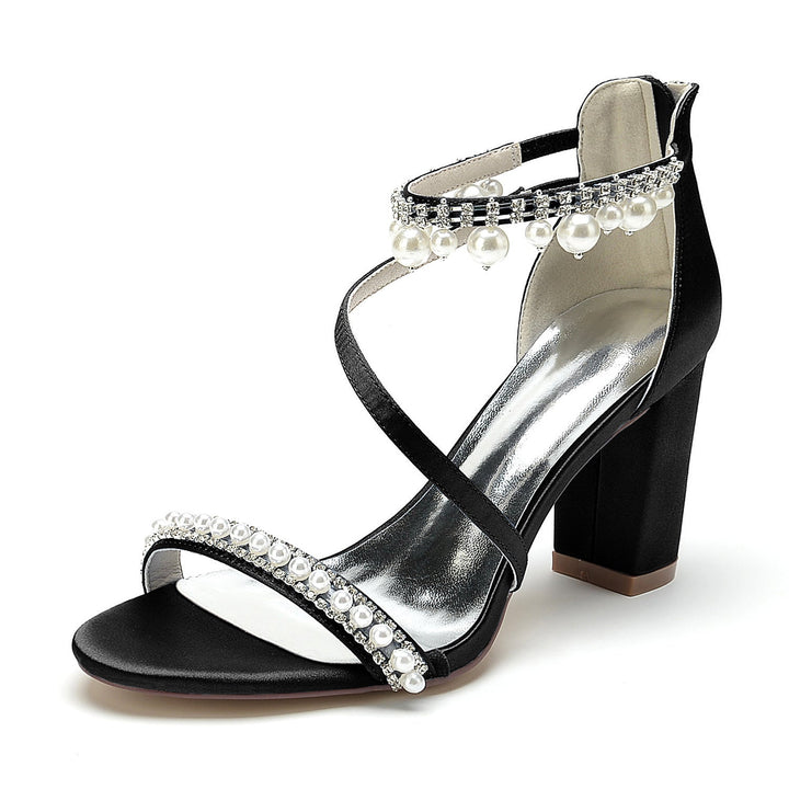 Chaussures de Mariage pour Femmes à Bout Ouvert, Talon Épais, Strass, Boucle en Perles, Chaussures de Mariée