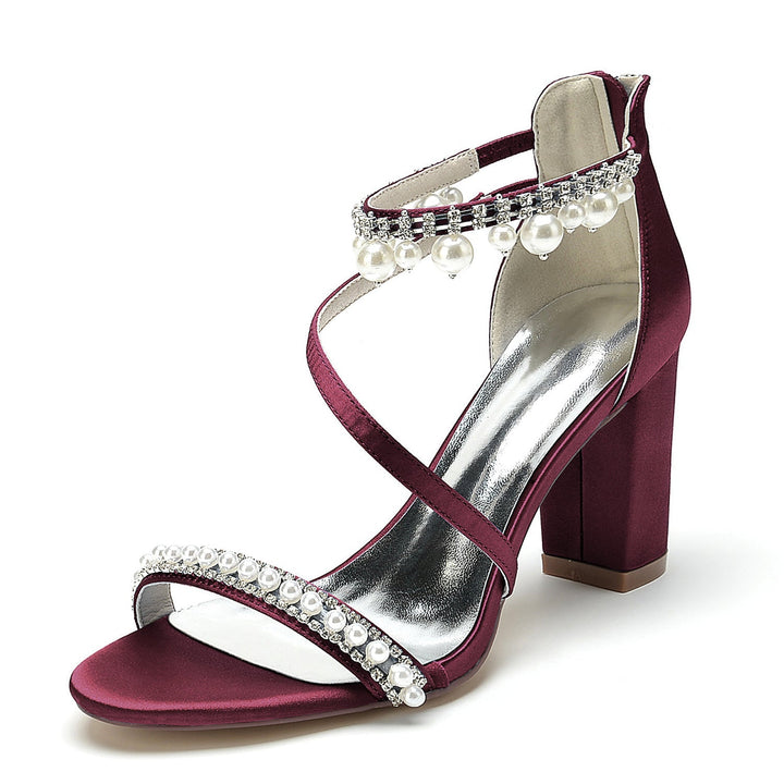 Chaussures de Mariage pour Femmes à Bout Ouvert, Talon Épais, Strass, Boucle en Perles, Chaussures de Mariée